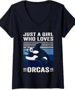 Womens Cute Just A Girl Who Loves Orcas Killer Whales Sea Ocean V-Neck T-Shirt