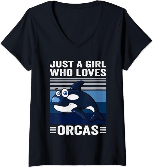 Womens Cute Just A Girl Who Loves Orcas Killer Whales Sea Ocean V-Neck T-Shirt