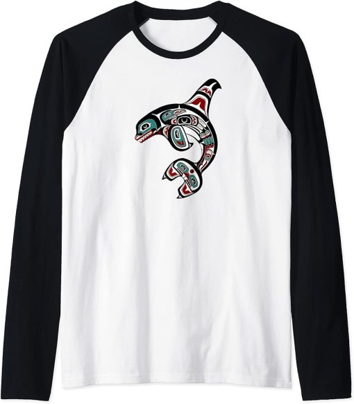 Orca Killer Whale Pacific Northwest Alaska Native American X Raglan Baseball Tee