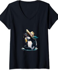 Womens Cute Orca Animal Lovers Orca Drinking Beer V-Neck T-Shirt