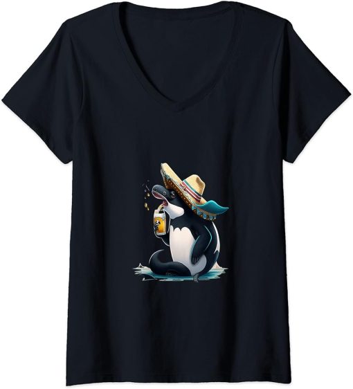 Womens Cute Orca Animal Lovers Orca Drinking Beer V-Neck T-Shirt