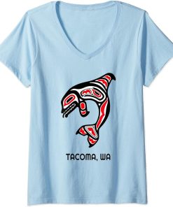 Womens Tacoma Washington Native American Indian Orca Killer Whales V-Neck T-Shirt